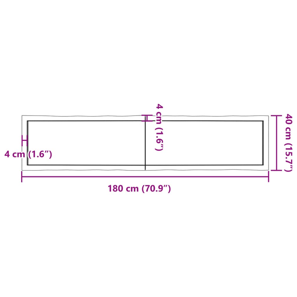 vidaXL Borðplata 180x40x(2-6) cm Ómeðhöndluð Gegnheil Náttúrul. Brúnir