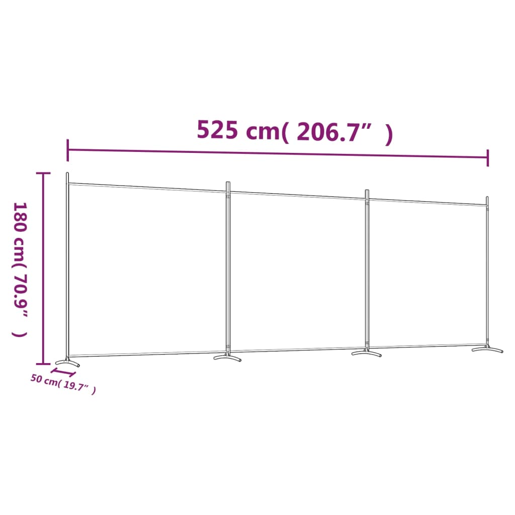 vidaXL 3-spjalda Skilrúm Hvítt 525x180 cm Tauáklæði