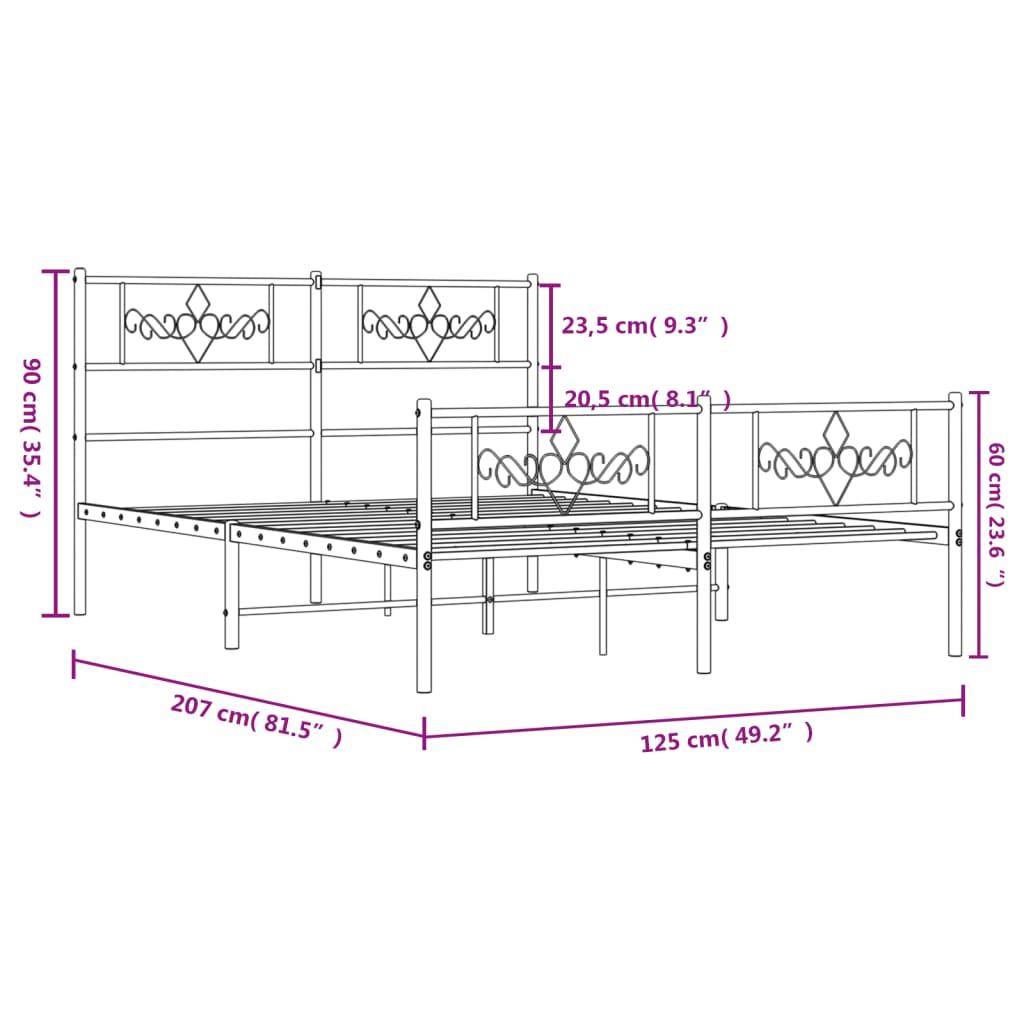 vidaXL Rúmgrind úr Málmi með Höfuðgafli & Fótagafli Svört 120x200 cm