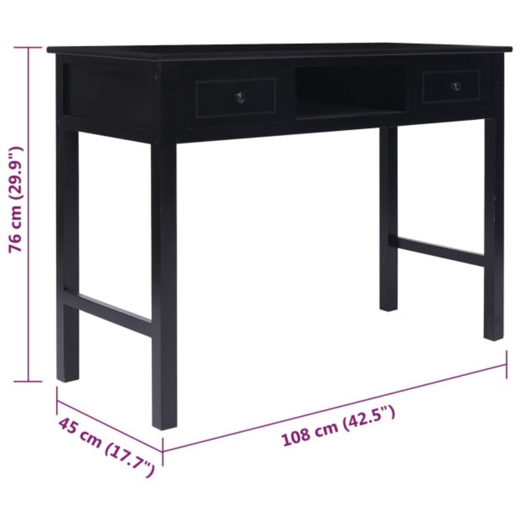 vidaXL Skrifborð Svart 108x45x76 cm Gegnheill Paulowniaviður