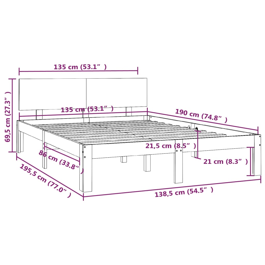 vidaXL Rúmgrind Hvít Gegnheill Viður 135x190 cm Tvíbreið