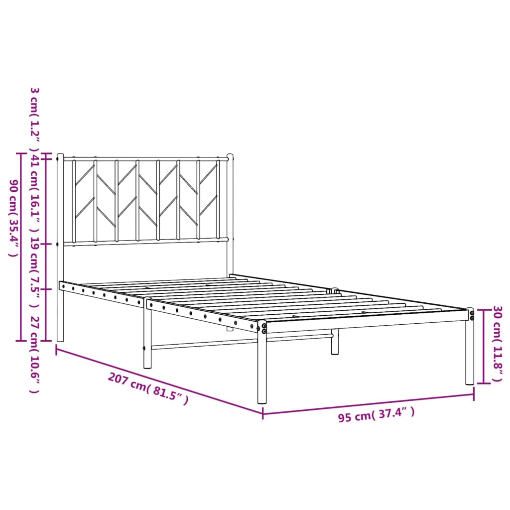 vidaXL Málmrúmgrind með Höfuðgafli Svört 90x200 cm