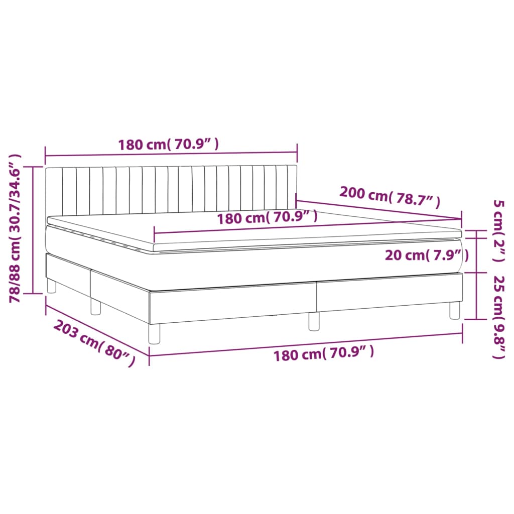 vidaXL Hólfað Springrúm með Dýnu Ljósgrátt 180x200 cm Tauefni