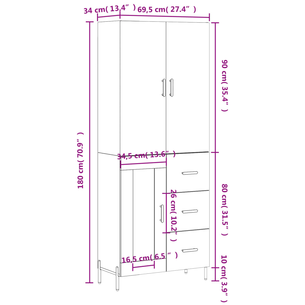 vidaXL Hár Skápur Hvítur 69,5x34x180 cm Samsettur Viður