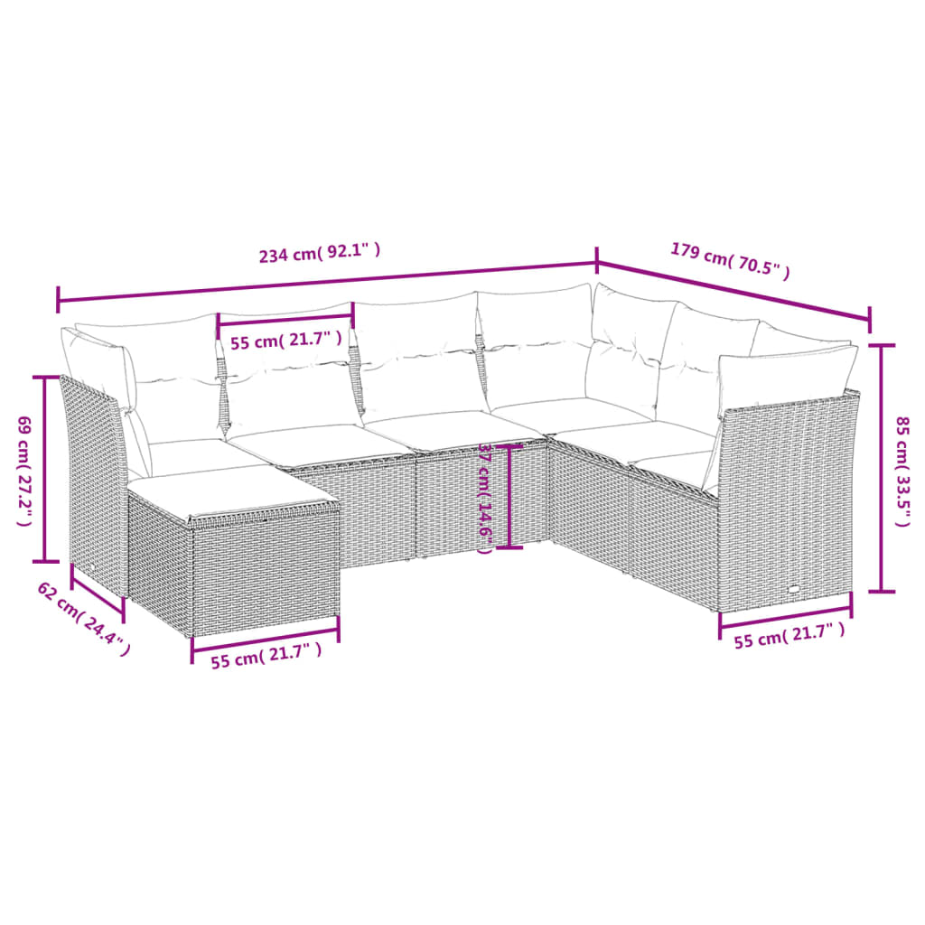 vidaXL 7-Hluta Garðsófasett með Sessum Grátt Pólýrattan