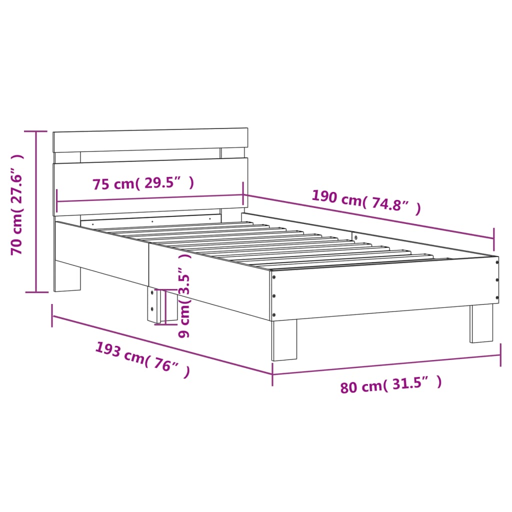 vidaXL Rúmgrind með Höfðagafli og LED ljósum Brún Eik 75x190 cm