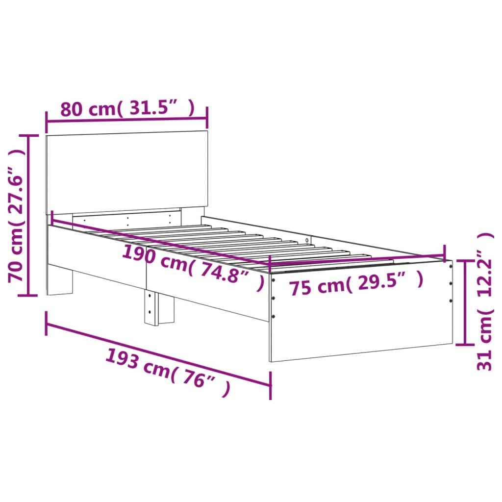 vidaXL Rúmgrind með Höfðagafli og LED ljósum Brún Eik 75x190 cm