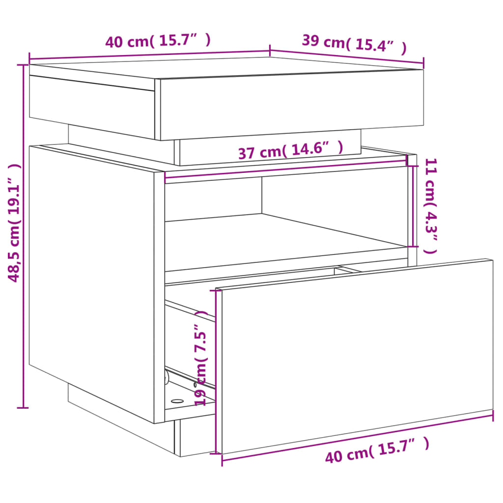 vidaXL Náttborð með LED Ljósum Reyktóna Eikarlitur 40x39x48,5 cm