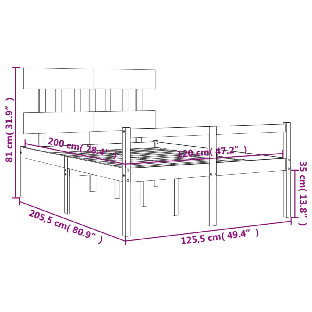 vidaXL Rúm fyrir Eldra Fólk án Dýnu Grátt 120x200cm Gegnheil Viður