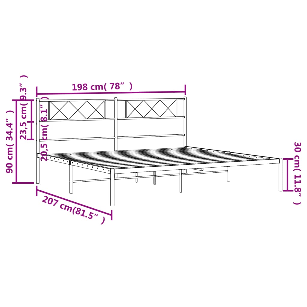 vidaXL Málmrúmgrind með Höfuðgafli Svört 193x203 cm