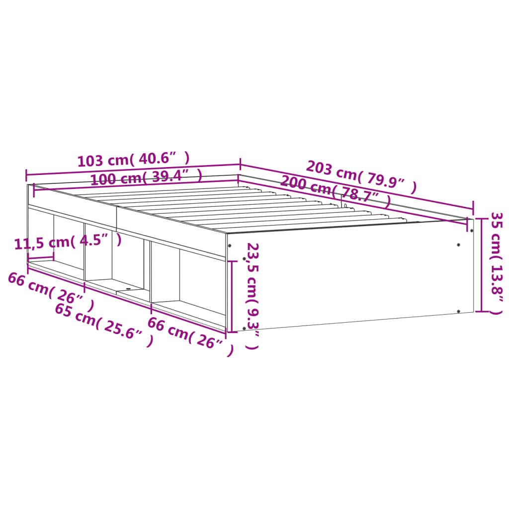 vidaXL Rúmgrind án Dýnu Svört 100x200 cm