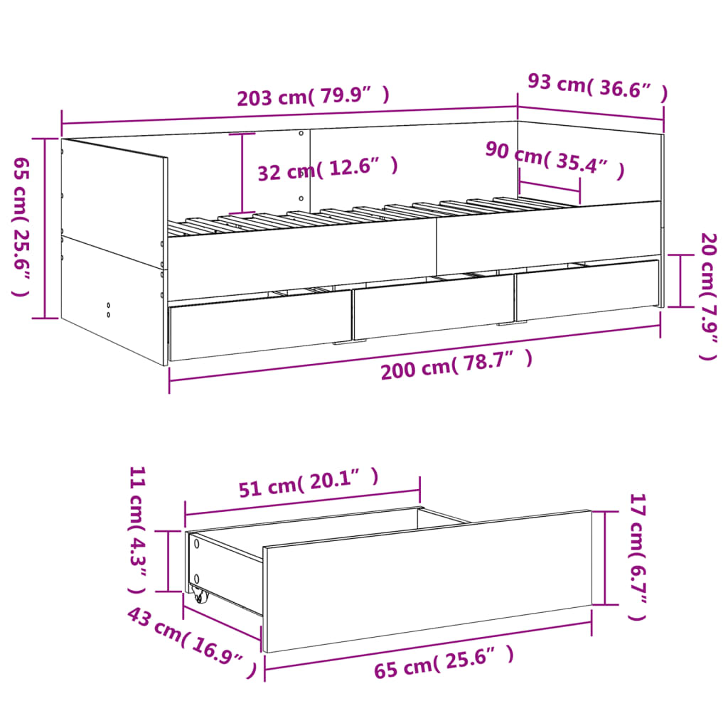 vidaXL Svefnbekkur með Skúffum án Dýnu Gráir Sonoma Eik 90x200 cm