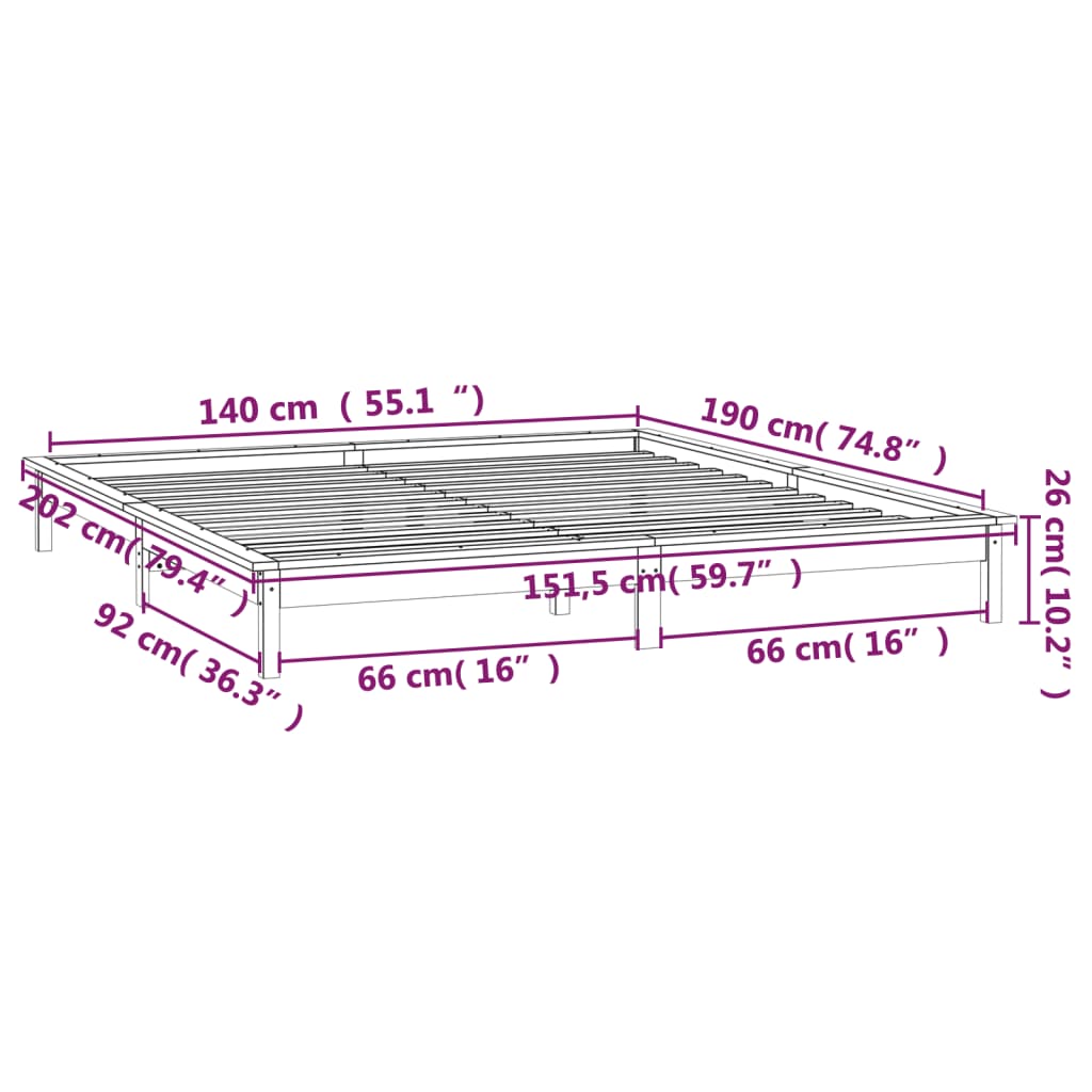 vidaXL LED Rúmgrind Hvít 140x190 cm Gegnheill Viður