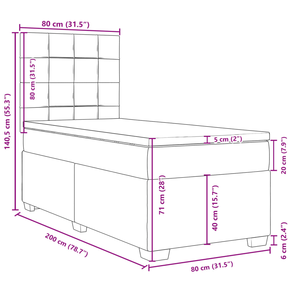 vidaXL Hólfað Springrúm með Dýnu Ljósgrátt 80x200 cm Tauefni