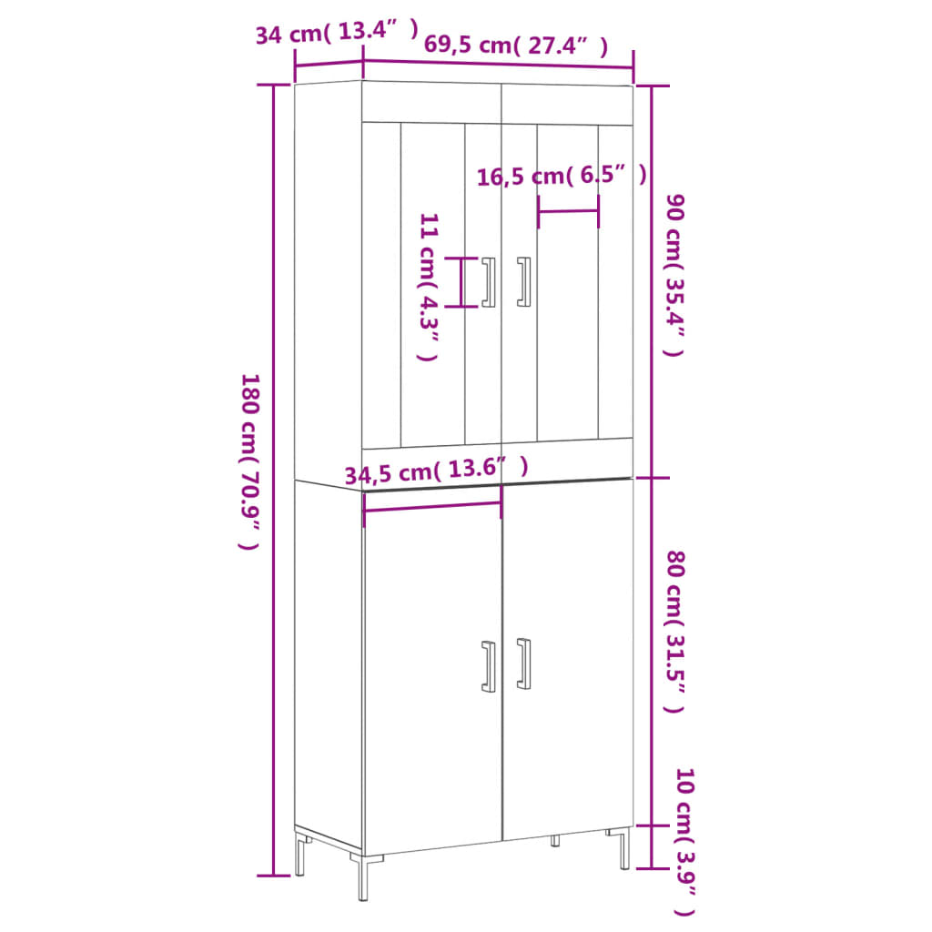 vidaXL Skenkur Háglans hvítt 69,5x34x180 cm Samsettur Viður