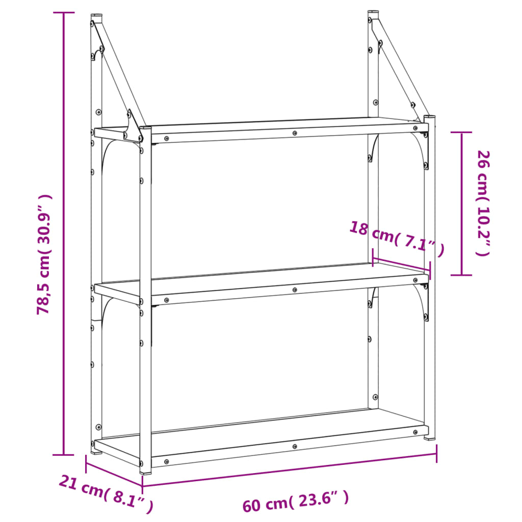 vidaXL 3-hæða Vegghilla Brúnn Eikarlitur 60x21x78,5 cm Samsettur Viður