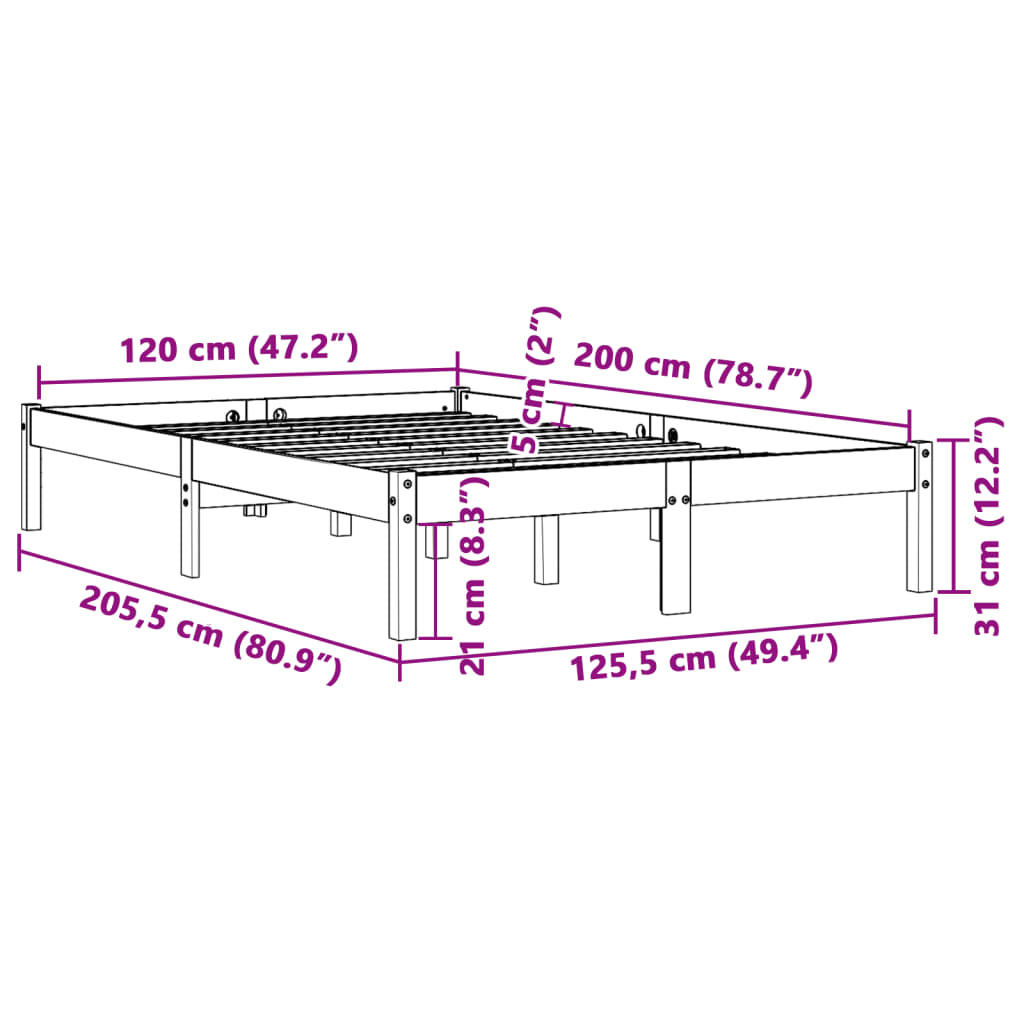 vidaXL Rúmgrind án Dýnu Vaxbrún 120x200 cm Gegnheil Fura