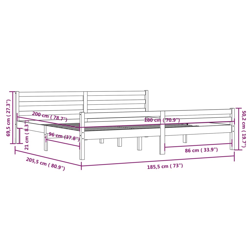 vidaXL Rúmgrind Gegnheill Viður 180x200 cm Super King