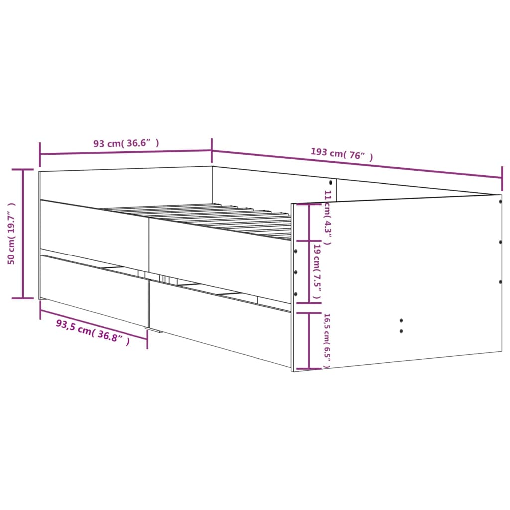 vidaXL Rúmgrind með Skúffum án Dýnu Gráir Sonoma Eik 90x190 cm