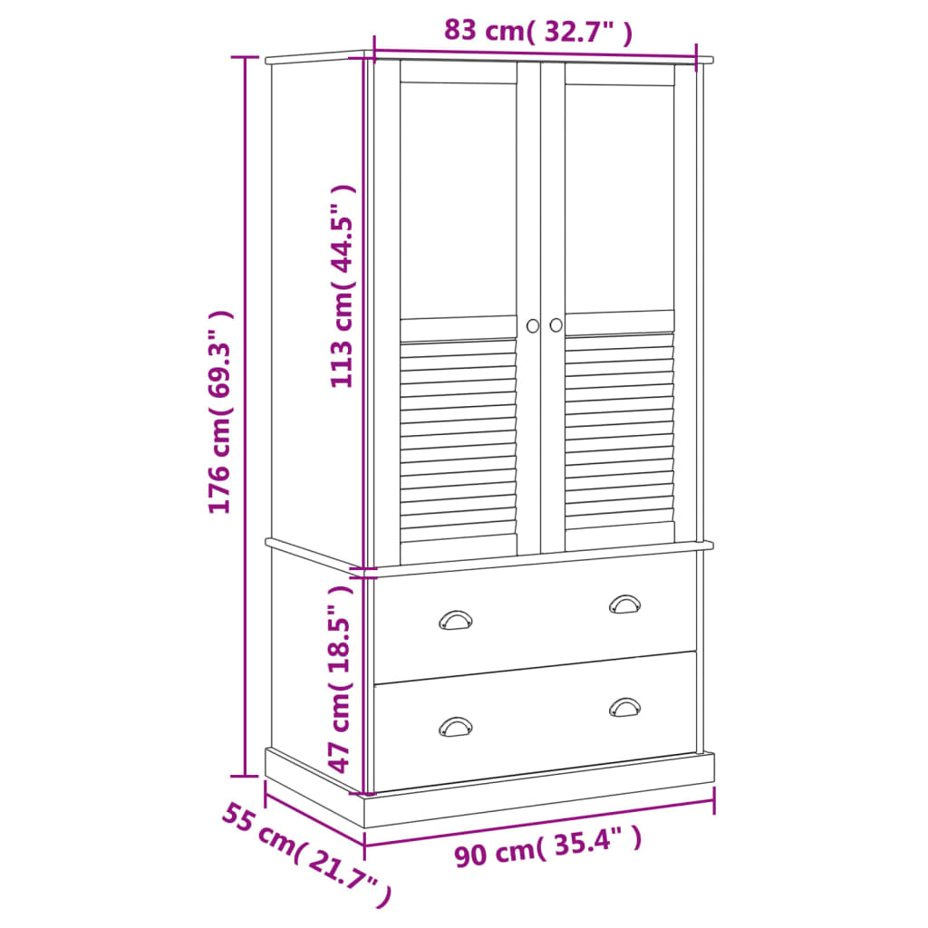 vidaXL Fataskápur „VIGO“ Hvítur 90x55x176 cm Gegnheil Fura