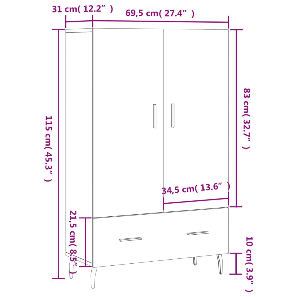 vidaXL Hár Skápur Hvítur 69,5x31x115 cm Samsettur Viður