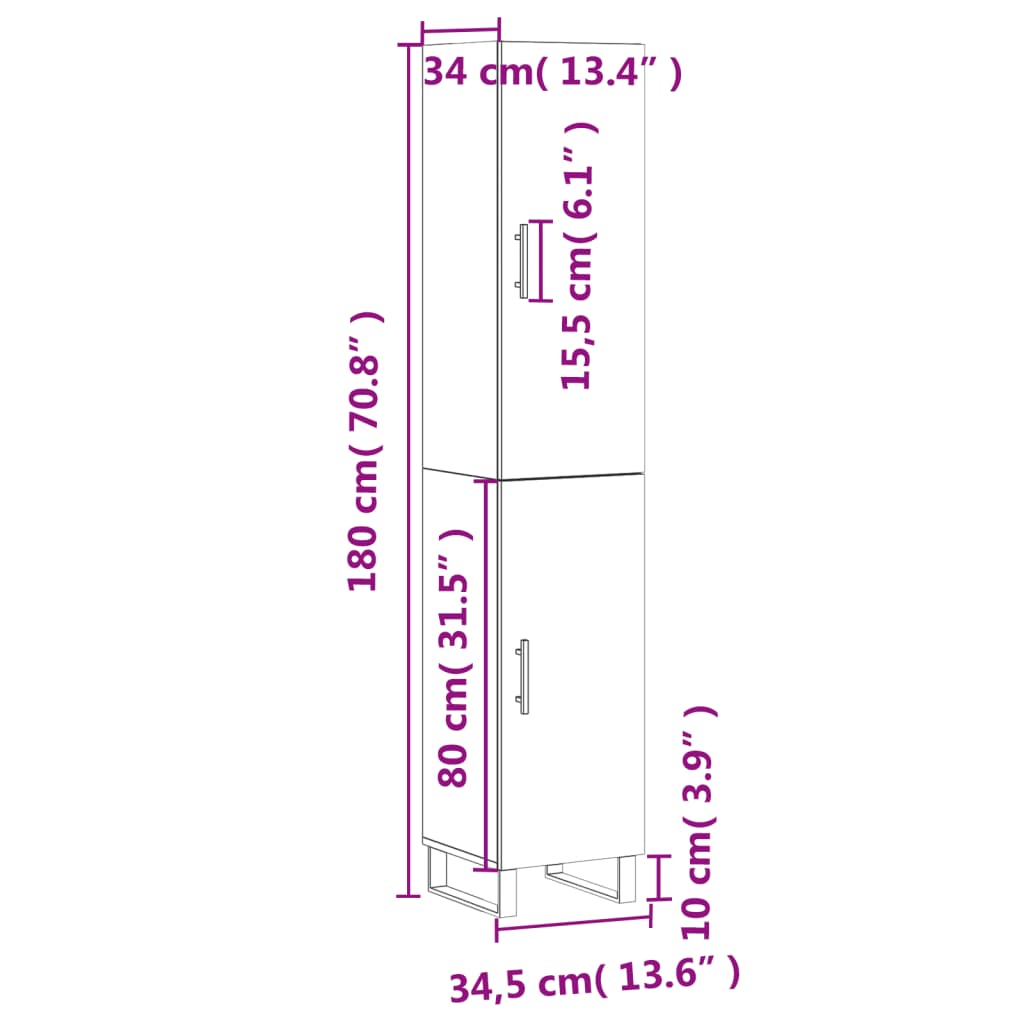 vidaXL Skenkur hvítt 34,5x34x180 cm Samsettur Viður