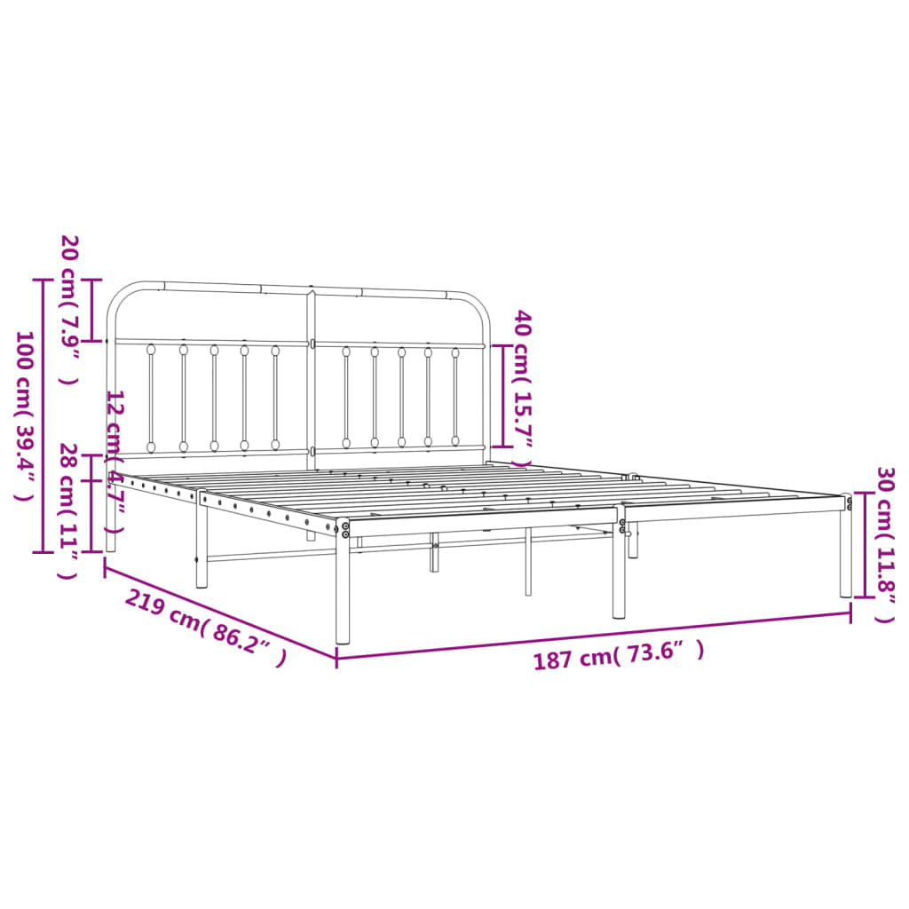 vidaXL Rúmgrind úr Málmi án Dýnu með Höfðagafli Svört 183x213 cm