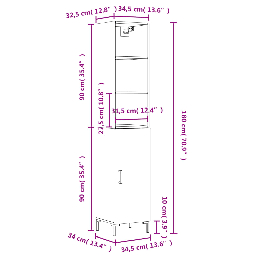 vidaXL Hár Skápur Svartur 34,5x34x180 cm Samsettur Viður