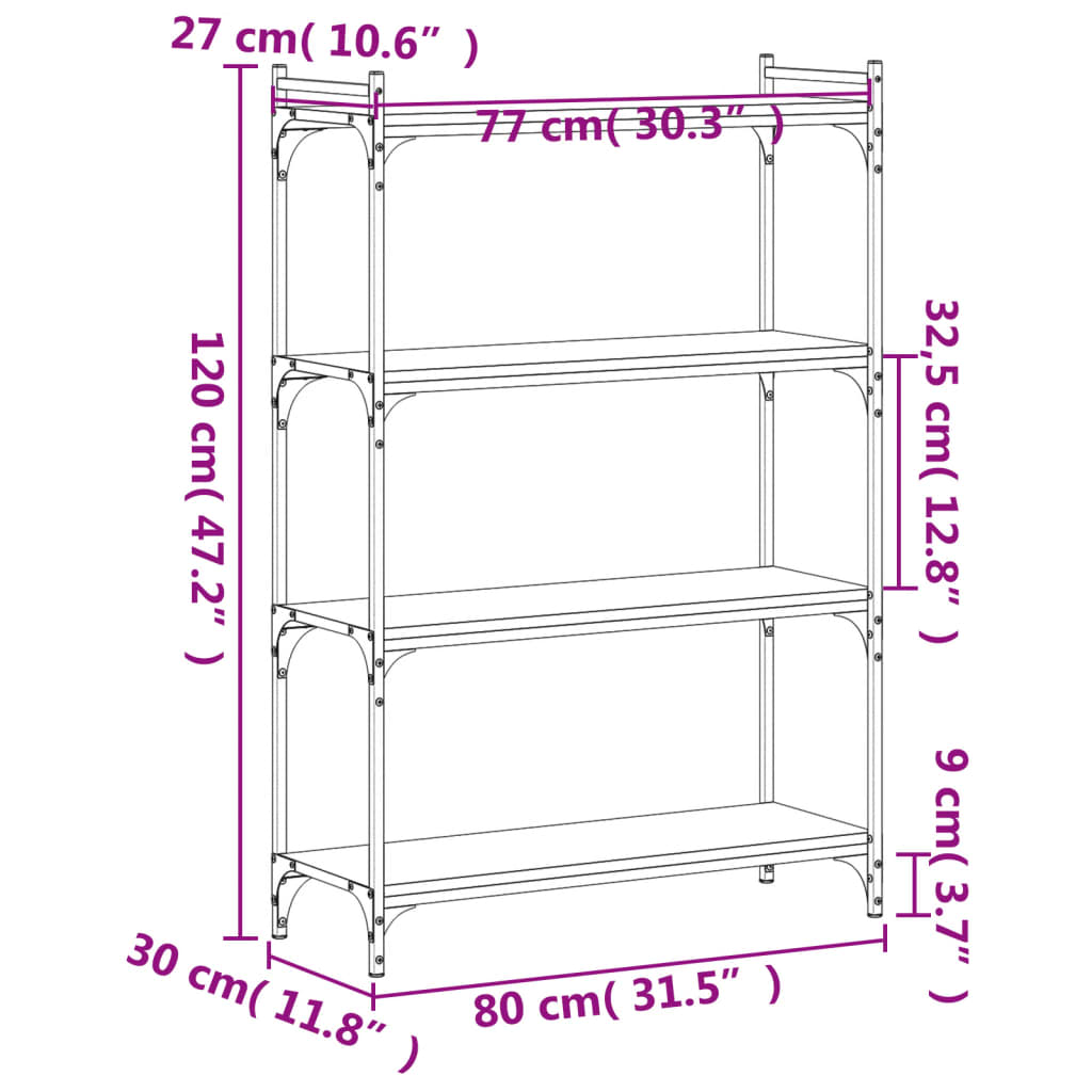 vidaXL Bókahilla með 4 Hillum Svört 80x30x120 cm Samsettur Viður