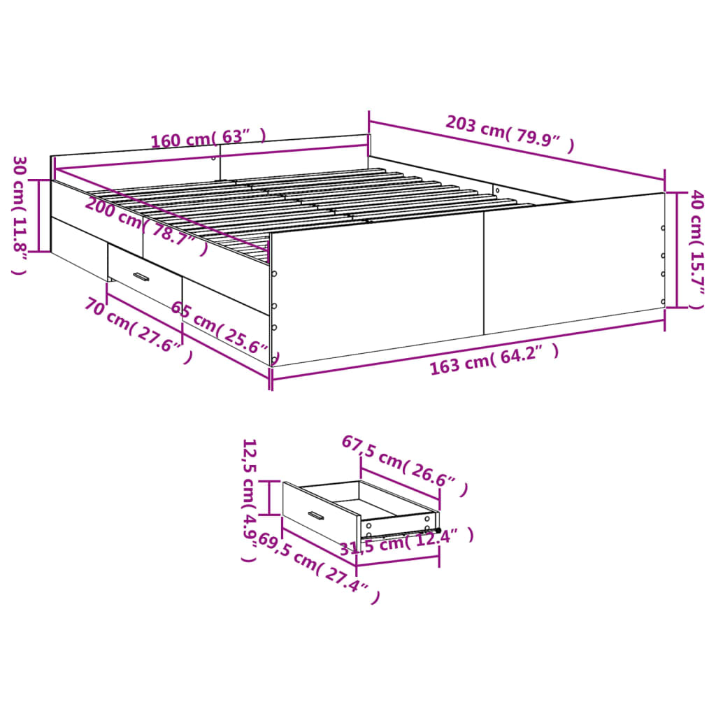 vidaXL Rúmgrind með Skúffum Sonoma Eik 160x200cm Samsettur Viður