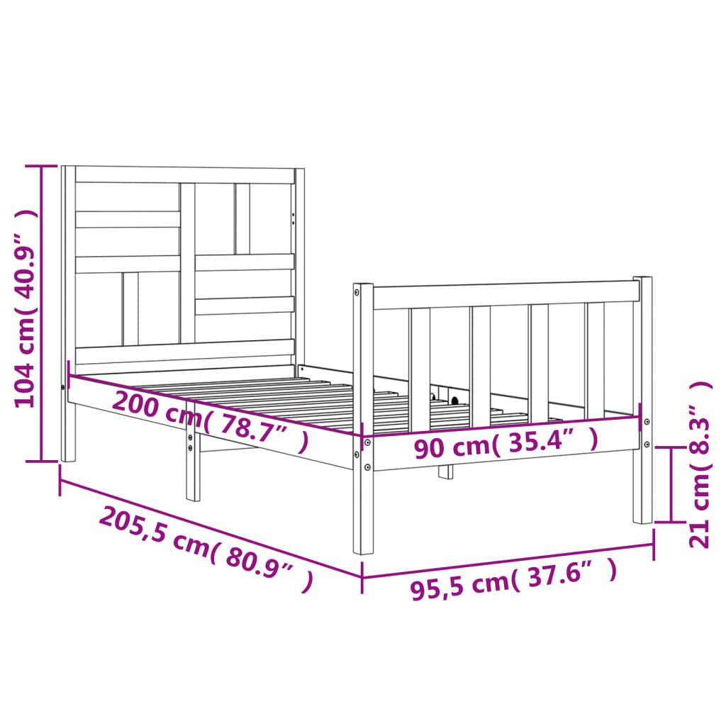 vidaXL Rúmgrind með Höfuðgafli Hvítu 90x200 cm Gegnheil viðar