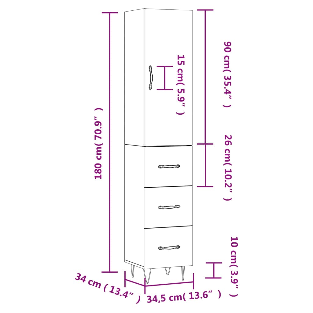 vidaXL Hár Skápur Svartur 34,5x34x180 cm Samsettur Viður