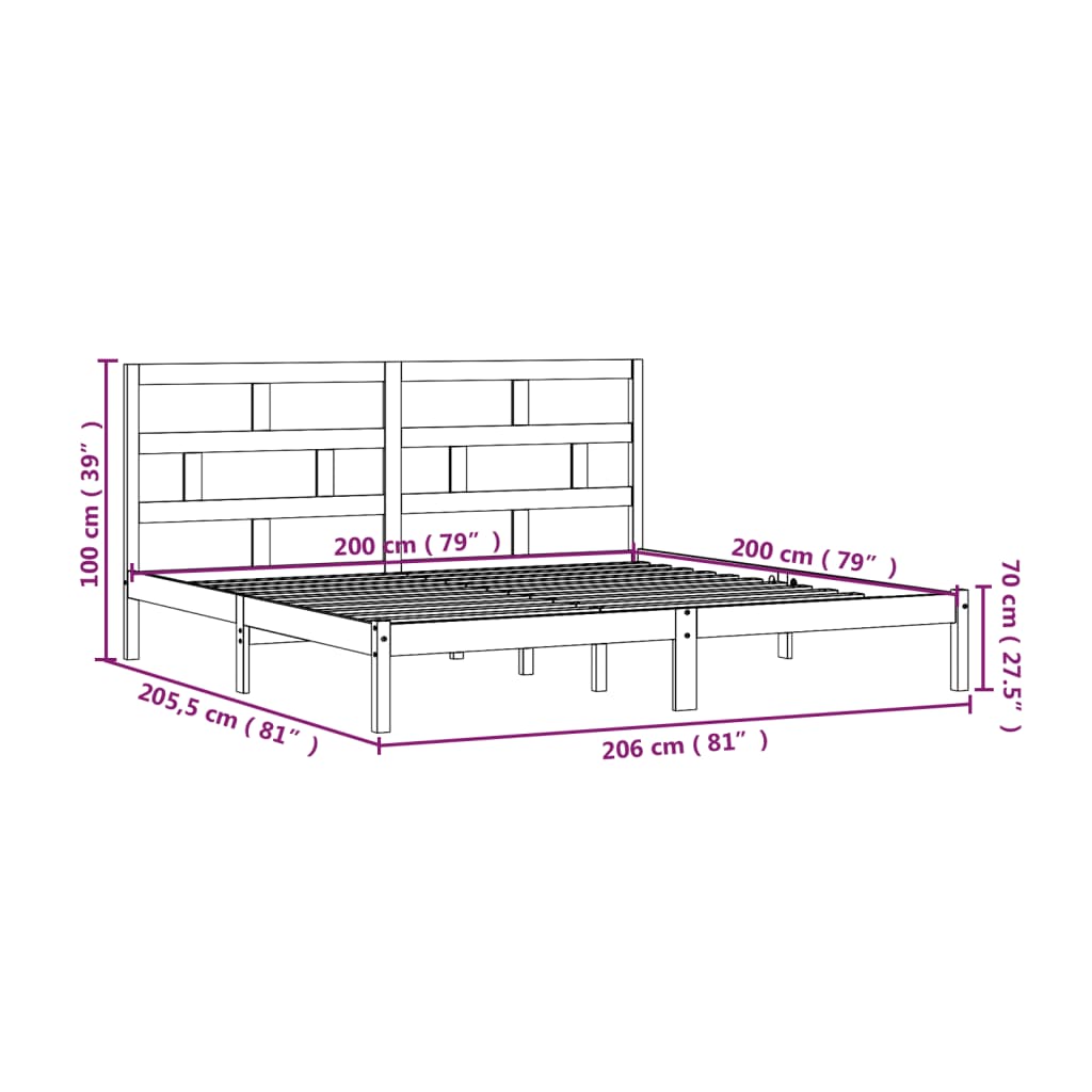 vidaXL Rúmgrind án Dýnu Svört Gegnheil Fura 200x200 cm