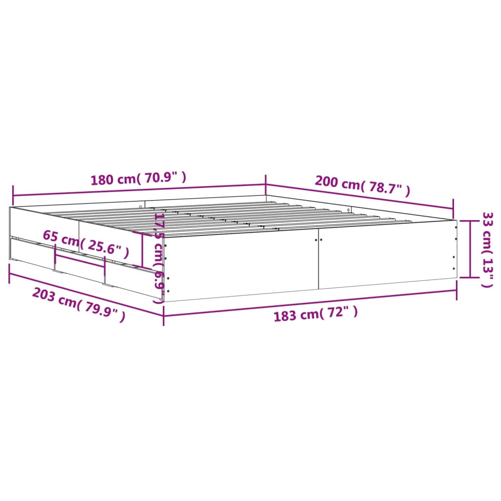 vidaXL Rúmgrind með Skúffum án Dýnu Sonoma Eikarlitur 180x200 cm