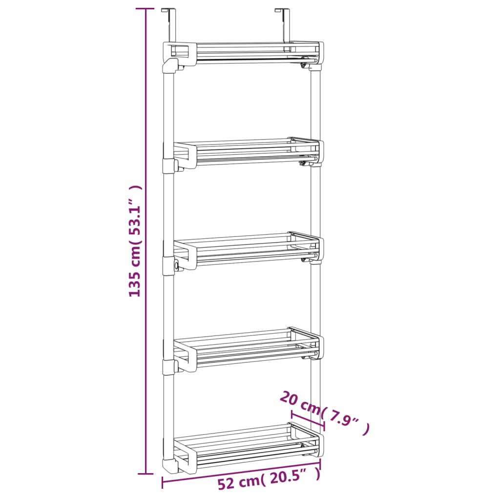 vidaXL Hurðaskipuleggjari með 5 Hillum 52x20x135 cm Ál