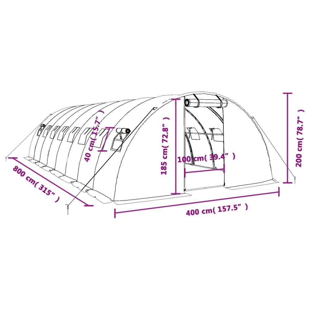 vidaXL Gróðurhús með Stálgrind Hvítt 32 m² 8x4x2 m