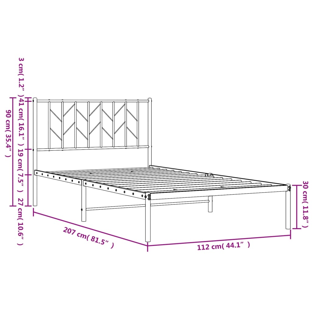 vidaXL Rúmgrind úr Málmi án Dýnu með Höfðagafli Svört 107x203 cm