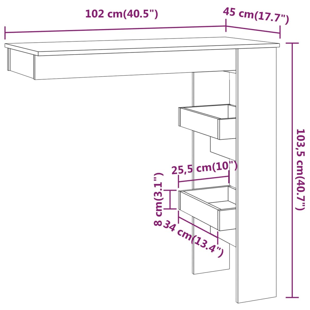 vidaXL Veggbarborð Háglans Hvítt 102x45x103,5 cm Samsettur Viður