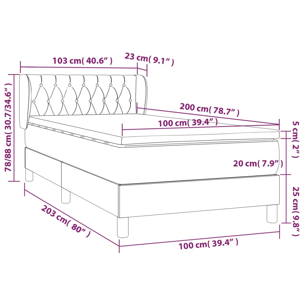 vidaXL Hólfað Springrúm með Dýnu Bleikur 100x200 cm Flauel