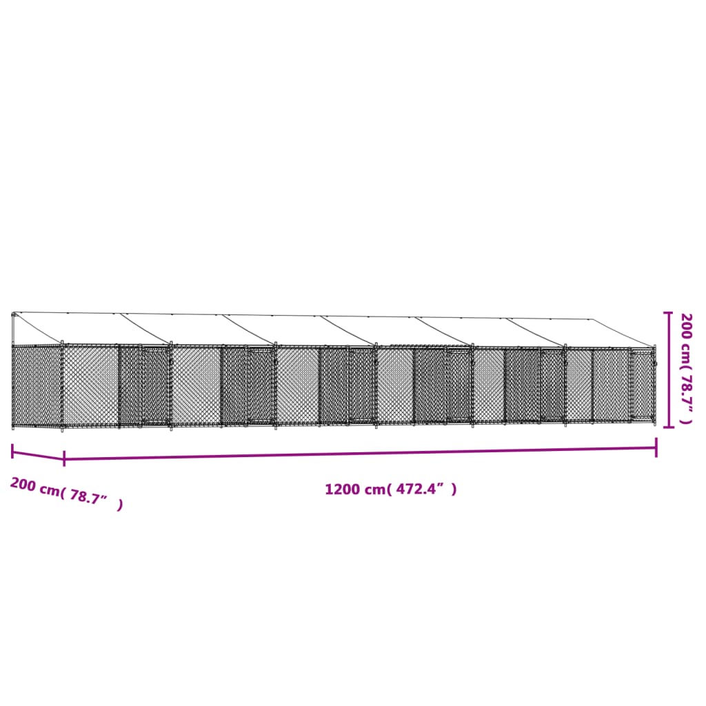 vidaXL Hundabúr með Þaki og Hurð Grátt 12x2x2 m Sinkhúðað Stál