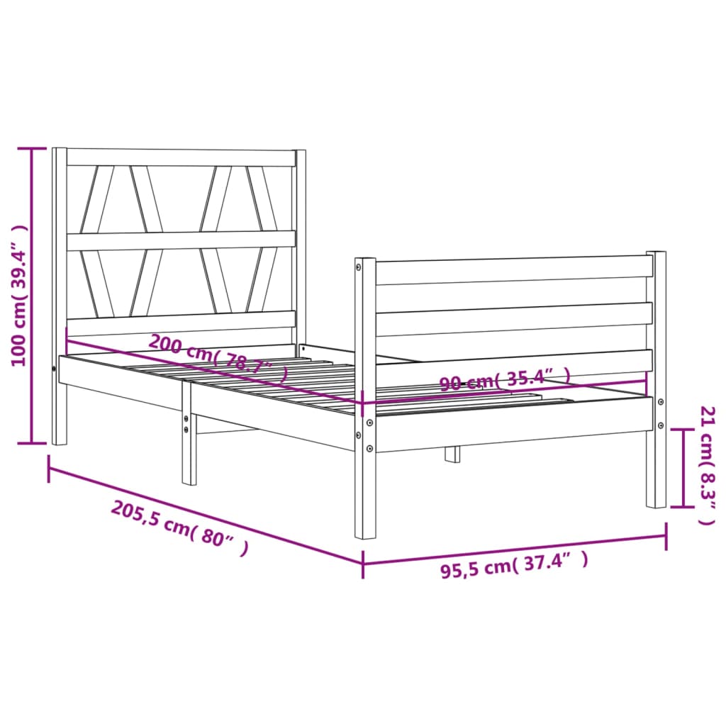 vidaXL Rúmgrind með Höfuðgafli Hvítu 90x200 cm Gegnheil viðar