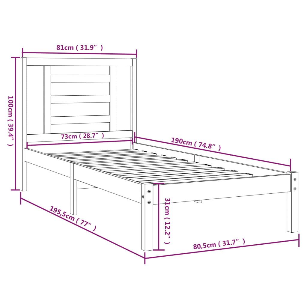 vidaXL Rúmgrind Hvít Gegnheill Viður 75x190 cm Lítil Einbreið