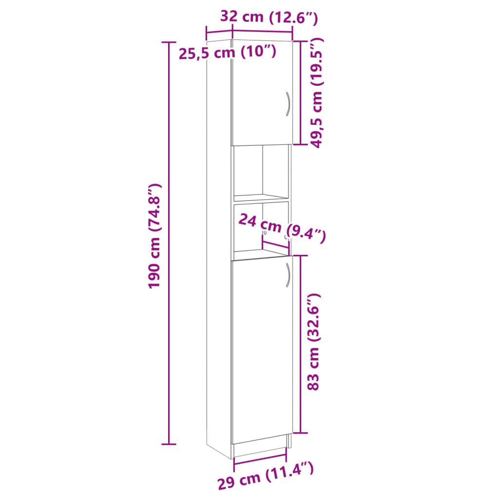 vidaXL Baðherbergisskápur Sonoma Eik 32x25,5x190 cm Spónaplata