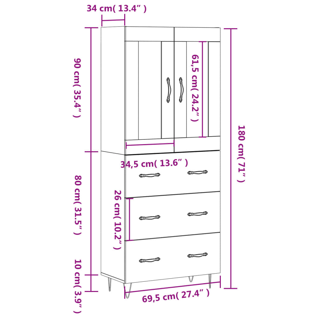 vidaXL Hár Skápur Reyktóna Eikarlitur 69,5x34x180 cm Samsettur Viður