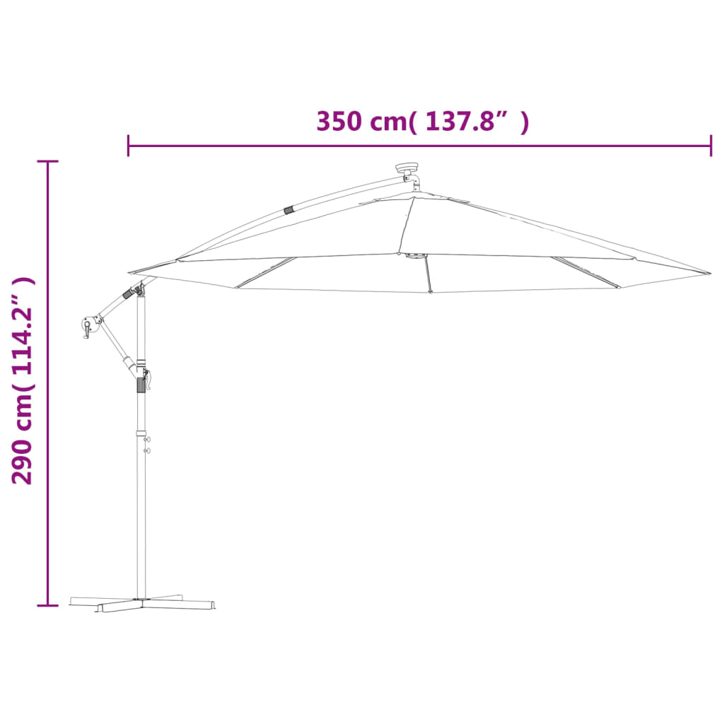 vidaXL Sólhlíf á Svifarmi með LED-Ljósum og Málmstöng 350 cm Reykgrá