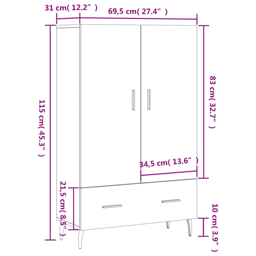 vidaXL Hár Skápur Sonoma Eik 69,5x31x115 cm Samsettur Viður