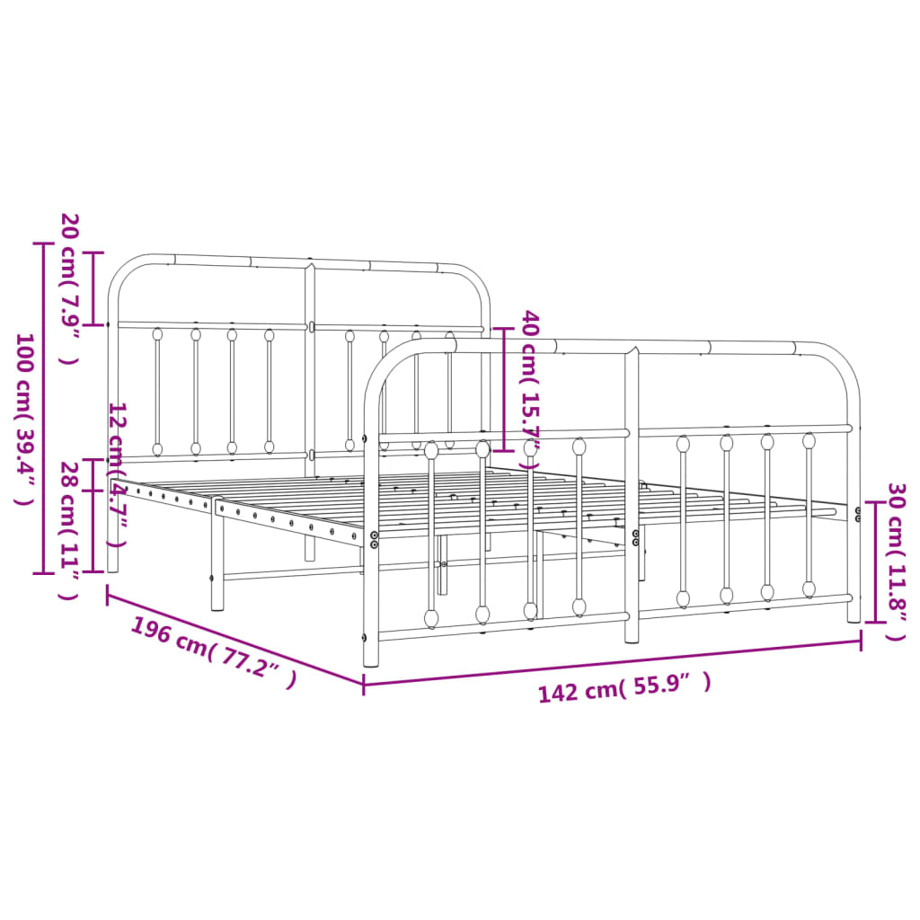 vidaXL Rúmgrind úr Málmi með Höfuðgafli & Fótagafli Hvít 135x190 cm