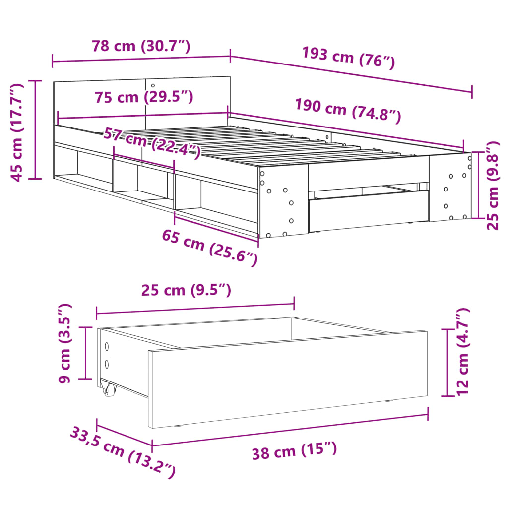 vidaXL Rúmgrind með Skúffu Steypugrár 75x190 cm Samsettur Viður