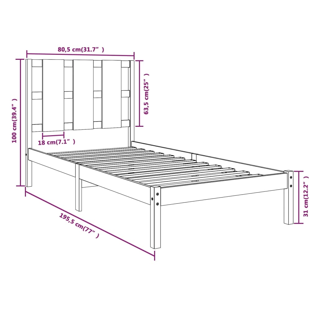 vidaXL Rúmgrind Hvít Gegnheill Viður 75x190 cm Lítil Einbreið