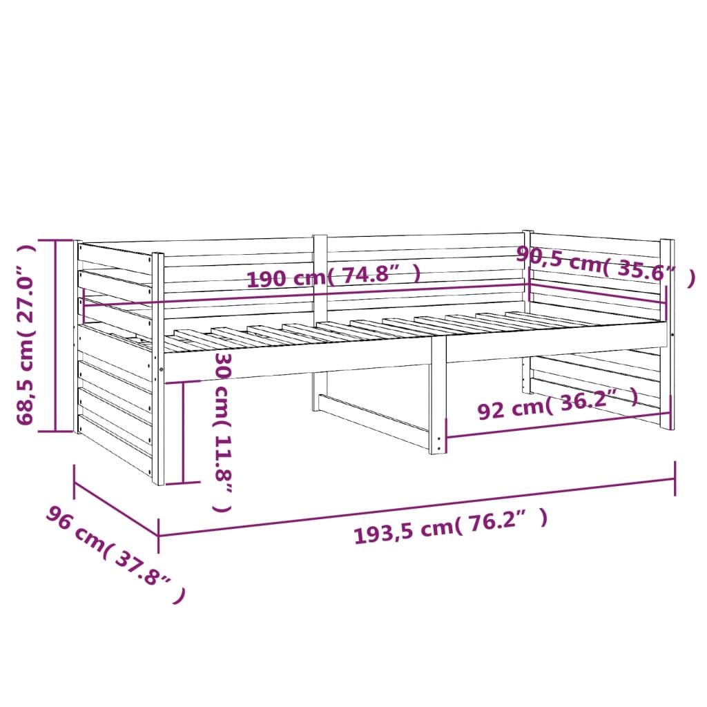 vidaXL Svefnsófi án Dýnu Svart 90x190 cm Gegnheil Fura